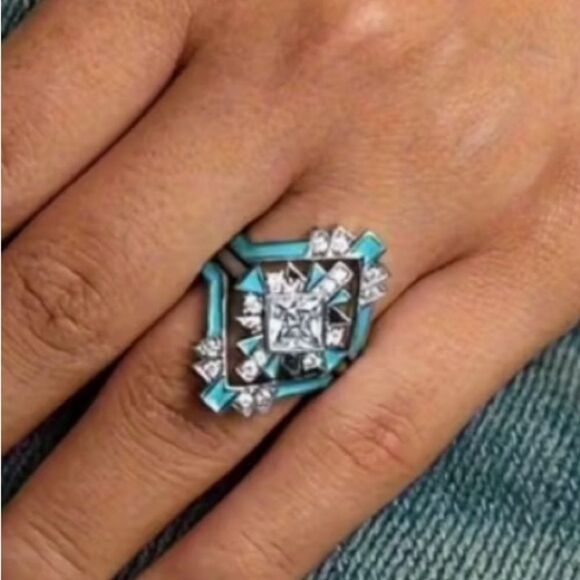 🩵 NEW & Unique Silver 3 piece Filigree and Aqua blue Fashion Ring 🩵 - Picture 2 of 6